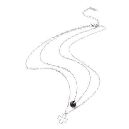 304 Stainless Steel Necklaces, Double Layer Necklaces with Porcelain Glass Bead & Cross Pendant