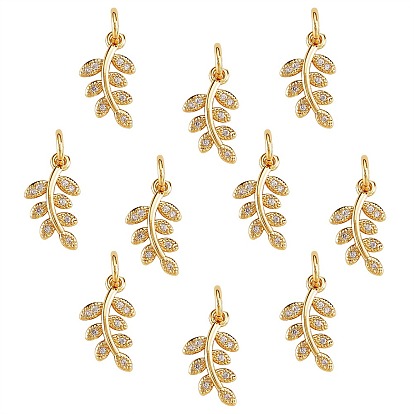 Plating Brass Micro Pave Clear Cubic Zirconia Pendant, with Jump Ring, Long-Lasting Plated, Leaf