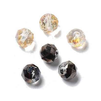 Гальванические круглые стеклянные бусины, с половиным покрытием цвета радуги, граненые