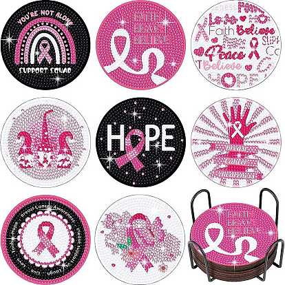 DIY Breast Cancer Awareness Ribbon Diamond Painting Wood Cup Mat Kits, Including Coster Holder, Resin Rhinestones, Diamond Sticky Pen, Tray Plate & Glue Clay