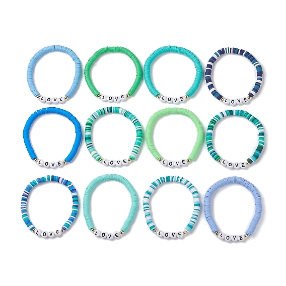 12Pcs Handmade Polymer Clay Heishi Beads Stretch Bracelets, Acrylic Word Love Beaded Bracelets for Women