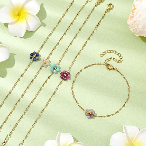 Браслеты из натуральных смешанных драгоценных камней с бусинами, 304 женские браслеты-цепочки из нержавеющей стали, цветок