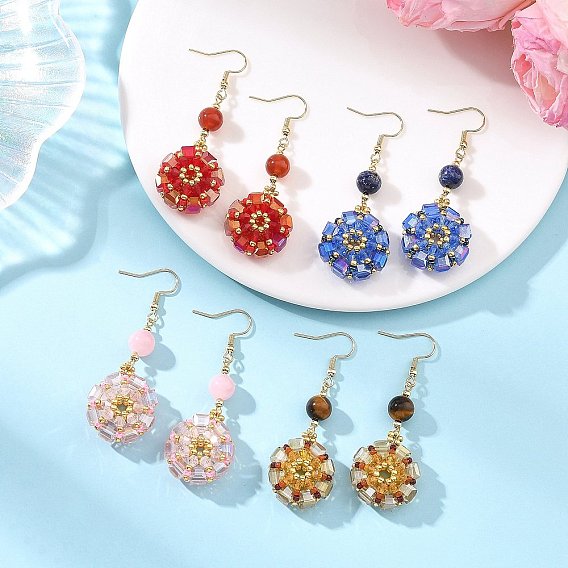 Glass Seed Beads Dangle Earrings, Round, Natural Mixed Stone Round Beads Dangle Earrings for Women, Golden