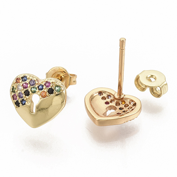 Brass Micro Pave Colorful Cubic Zirconia Stud Earrings, for Valentine's Day, with Earring Backs, Heart Lock, Real 16K Gold Plated