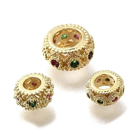 Латунные микропаве прозрачные кубические европейские циркониевые бусины, долговечный, плоско-круглые, бусины с большим отверстием