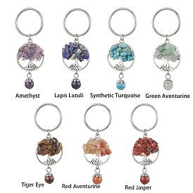 7Pcs 7 Styles Gemstone Keychains, with Alloy Findings and 304 Stainless Steel Split Key Rings, Tree of Life