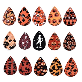 15 Styles Halloween Print Pattern Jewelry, 3D Spray Painted Iron Pendants, Rubberized Style, Teardrop Charm