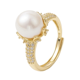 Round Natural Pearl Adjustable Rings, Sterling Silver Micro Pave Cubic Zirconia Finger Rings for Women