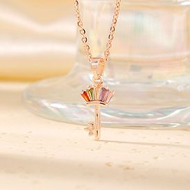 Unique and Cute European American Style Key Brass Cubic Zirconia Pendant Necklaces, with Cable Chain for Women Girl