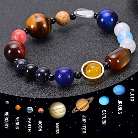 Natural Tiger Eye Stone Bracelet - Eight Planets of the Universe Galaxy Solar System Beaded Jewelry