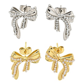 Brass Stud Earrings, Plastic Imitation Pearl Earrings for Women, Bowknot