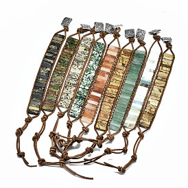Cowhide Leather Cord Bracelets, with Rectangle Natural Gemstone Beads and Alloy Findings