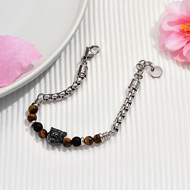 Браслеты из натурального тигрового глаза с круглыми бусинами, браслеты-цепочки из нержавеющей стали для мужчин, голова тигра