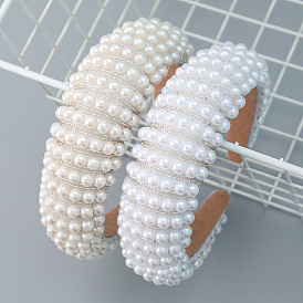 Chic Wide Sponge Headband with Acrylic Pearl Beads for Girls' Trendy Hair Accessories
