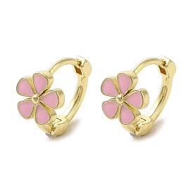 Flower Rack Plating Brass Hoop Earrings, with Pearl Pink Enamel