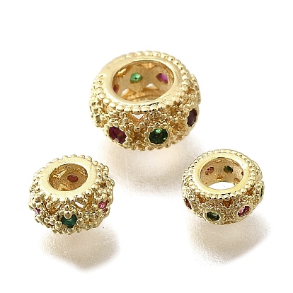 Латунные микропаве прозрачные кубические европейские циркониевые бусины, долговечный, плоско-круглые, бусины с большим отверстием