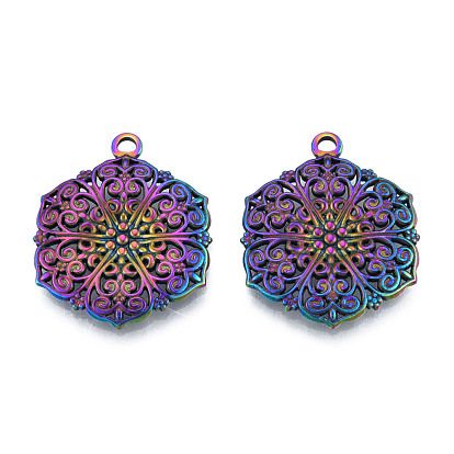 201 Stainless Steel Pendants, Hexagon with Flower