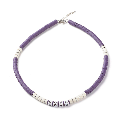 Collier de perles heishi en pâte polymère avec mot amour pour femme