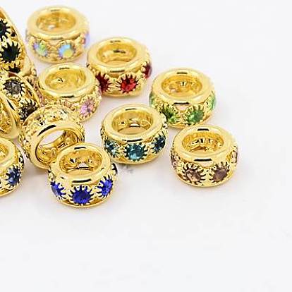 Brass Rhinestone European Beads, Large Hole Beads, Grade A, Rondelle, Golden Metal Color, 10x5~6mm, Hole: 5mm