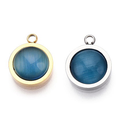304 Stainless Steel Pendants, Manual Polishing, with Cat Eye, Flat Round Charm