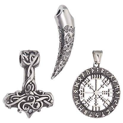 3 шт 3 стиль 304 подвески из нержавеющей стали, клык, молот Тора и плоский круглый с вегвизиром