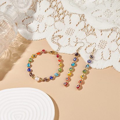 Natural Pearl & Lampwork Evil Eye Beaded Dangle Earrings & Bracelet, Brass Wire Wrap Jewelry Set for Women
