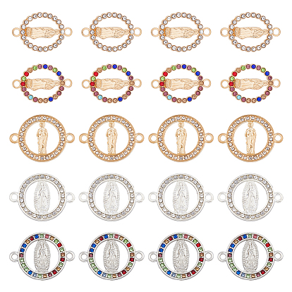 50 шт 5 стили религия сплав соединительные подвески, со стразами, плоские круглые звенья с первичным рисунком
