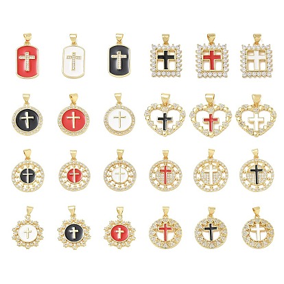 Religion Cross Brass Micro Pave Clear Cubic Zirconia Pendants, with Enamel, Lead Free & Cadmium Free, Long-Lasting Plated, Rack Plating, Real 18K Gold Plated