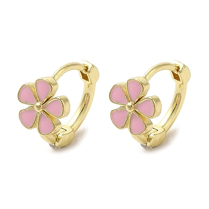 Boucles d'oreilles créoles en laiton plaqué support à fleurs, avec émail rose perle