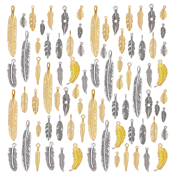 80 pcs 16 styles pendentifs en alliage de style tibétain, charmes de plumes