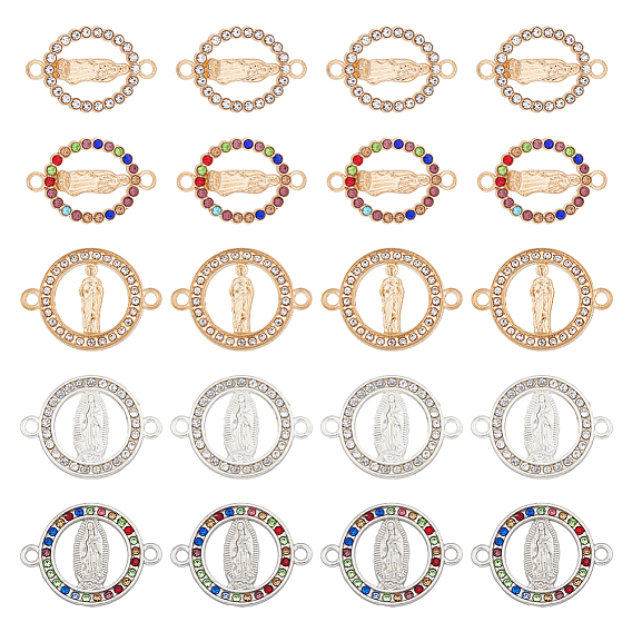 50 шт 5 стили религия сплав соединительные подвески, со стразами, плоские круглые звенья с первичным рисунком