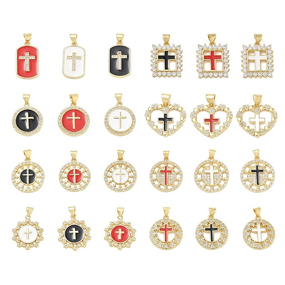 Religion Cross Brass Micro Pave Clear Cubic Zirconia Pendants, with Enamel, Lead Free & Cadmium Free, Long-Lasting Plated, Rack Plating, Real 18K Gold Plated