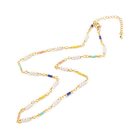 Imitation Pearl & Glass Seed Beaded Chain Necklace for Women, Golden