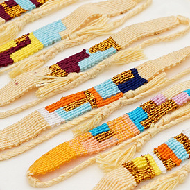 Bracelet élastique fait main style ethnique bohème avec tissage coloré en coton et chanvre