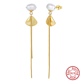 Boucles d'oreilles en perles baroques naturelles, 925 boucles d'oreilles pendantes en forme d'éventail et de chaînes en argent sterling, avec cachet s