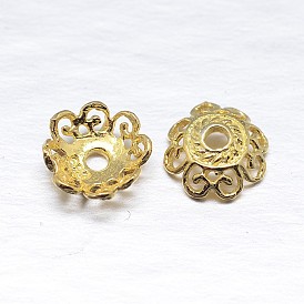Real 18K Gold Plated 4-Petal Sterling Silver Bead Caps, Flower, 7.5x2.5mm, Hole: 1mm, about 100pcs/20g