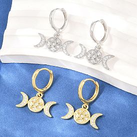 Brass Micro Pave Cubic Zirconia Hoop Dangle Earrings, Triple Goddess Pentagram, Lead Free & Cadmium Free, Long-Lasting Plated, Rack Plating