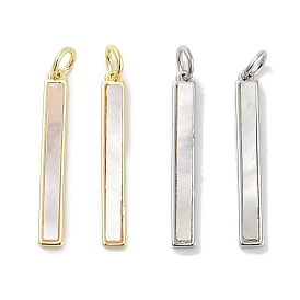 Brass Pave Natural Shell Pendants, Rectangle Charms with Jump Rings