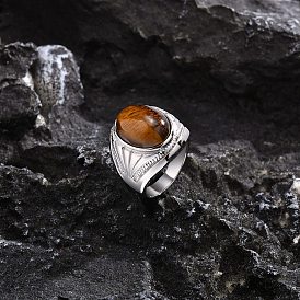 Oval Natural Tiger Eye Finger Rings, Stainless Steel Wide Band Rings