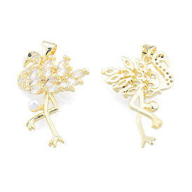 Brass Micro Pave Cubic Zirconia Pendants, with ABS Plastic Imitation Pearl, Real 18K Gold Plated, Nickel Free, Flamingo