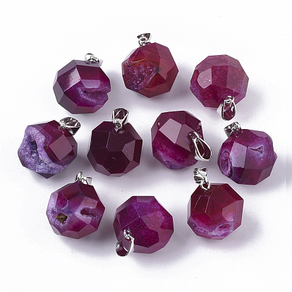 Natural Agate Pendants, with Platinum Tone Iron Pinch Bail, Dyed, Faceted, Round