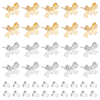 20шт. 2 цвета латунные серьги-гвоздики фурнитура, бантом, с горизонтальными петлями и 40пластиковыми ушными гайками