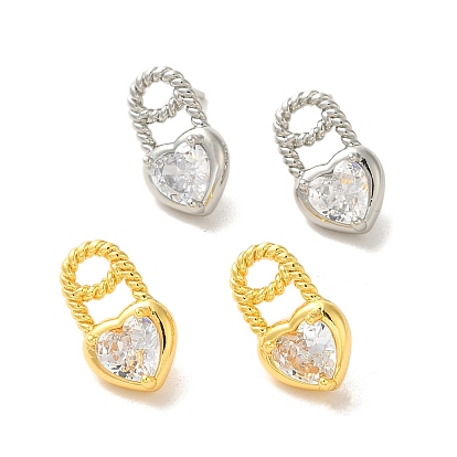 Heart Brass Micro Pave Cubic Zirconia Stud Earrings, with 925 Sterling Silver Pins