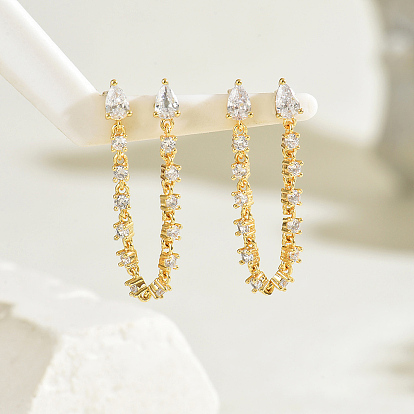 Серьги-гвоздики с кисточками из латуни с прозрачными кубическими цирконами, слеза