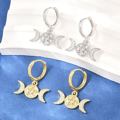 Brass Micro Pave Cubic Zirconia Hoop Dangle Earrings, Triple Goddess Pentagram, Lead Free & Cadmium Free, Long-Lasting Plated, Rack Plating