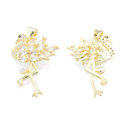 Brass Micro Pave Cubic Zirconia Pendants, with ABS Plastic Imitation Pearl, Real 18K Gold Plated, Nickel Free, Flamingo