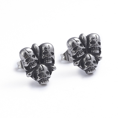 Retro 304 Stainless Steel Stud Earrings, with Ear Nuts, Skull