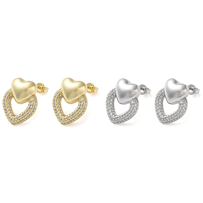 Серьги-гвоздики из латуни с микро-паве и прозрачным фианитом в форме сердца, долговечный, без свинца и без кадмия