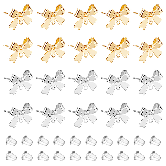 20шт. 2 цвета латунные серьги-гвоздики фурнитура, бантом, с горизонтальными петлями и 40пластиковыми ушными гайками