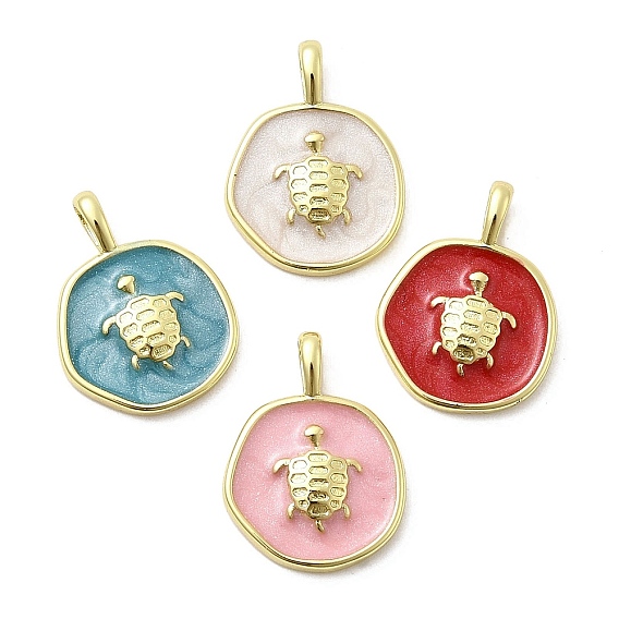 Латунь эмаль подвески, плоские круглые с черепахой, стойки покрытие, долговечный, без кадмия и без свинца, реальный 18 k позолоченный, с блеском порошок